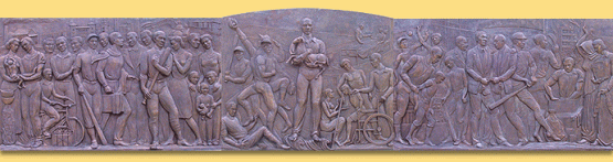 Roberto Clemente is regarded with the reverence of a saint, a perspective reflected by the 30-foot-long cenotaph in Carolina, Puerto Rico.  The center panel portrays Clemente holding a lamb. 