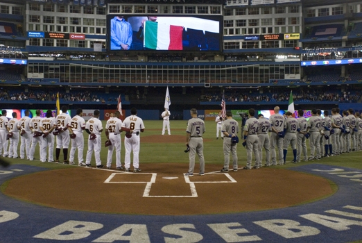 Grilli and Team Italia stand at attention during the playing of the Italian National Anthem before facing Venezuela in the 2009 WBC.