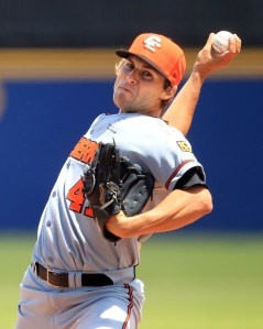 #10 Brian Grening pitching for Team World  in the 2012 ABL All-Star Game at Melbourne's Altona Stadium. (Scott Powick / SMP Images)