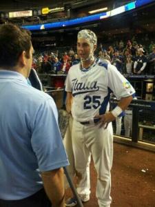 Chris Colabello gets creamed after being named Chevrolet Player of the Game against Canada.