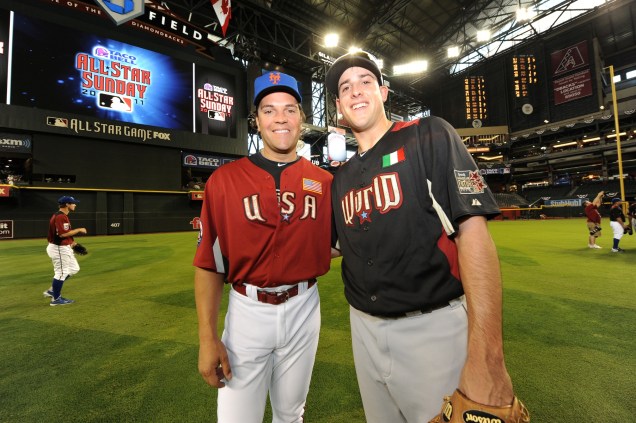Italian National team coach Mike Piazza (shown here as coach of Team U.S.A.) and Seattle Mariners Alex Liddi (shown here playing for Team World) in the 2011 All-Star Futures Game