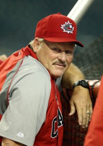 Team Canada manager  and former Toronto Blue Jay catcher Ernie Whitt 