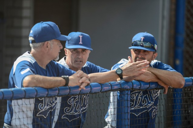 Team Italia manager Marco Mazzieri (center) with coaches Marco Nanni (left) and Alberto D'Auria (right) at the 2016 European Baseball Championship. (Photo courtesy of Ezio Ratti-FIBS)
